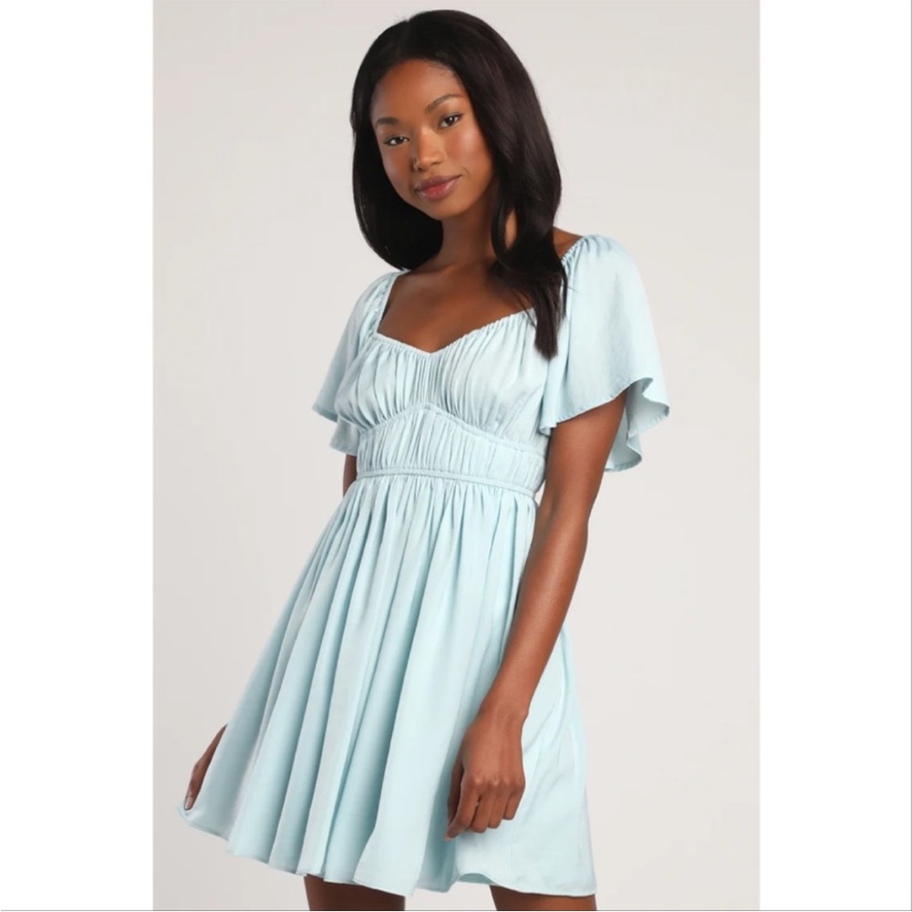 Lulus You Give Me Butterflies Light Blue Flutter Sleeve Mini Dress Size Large